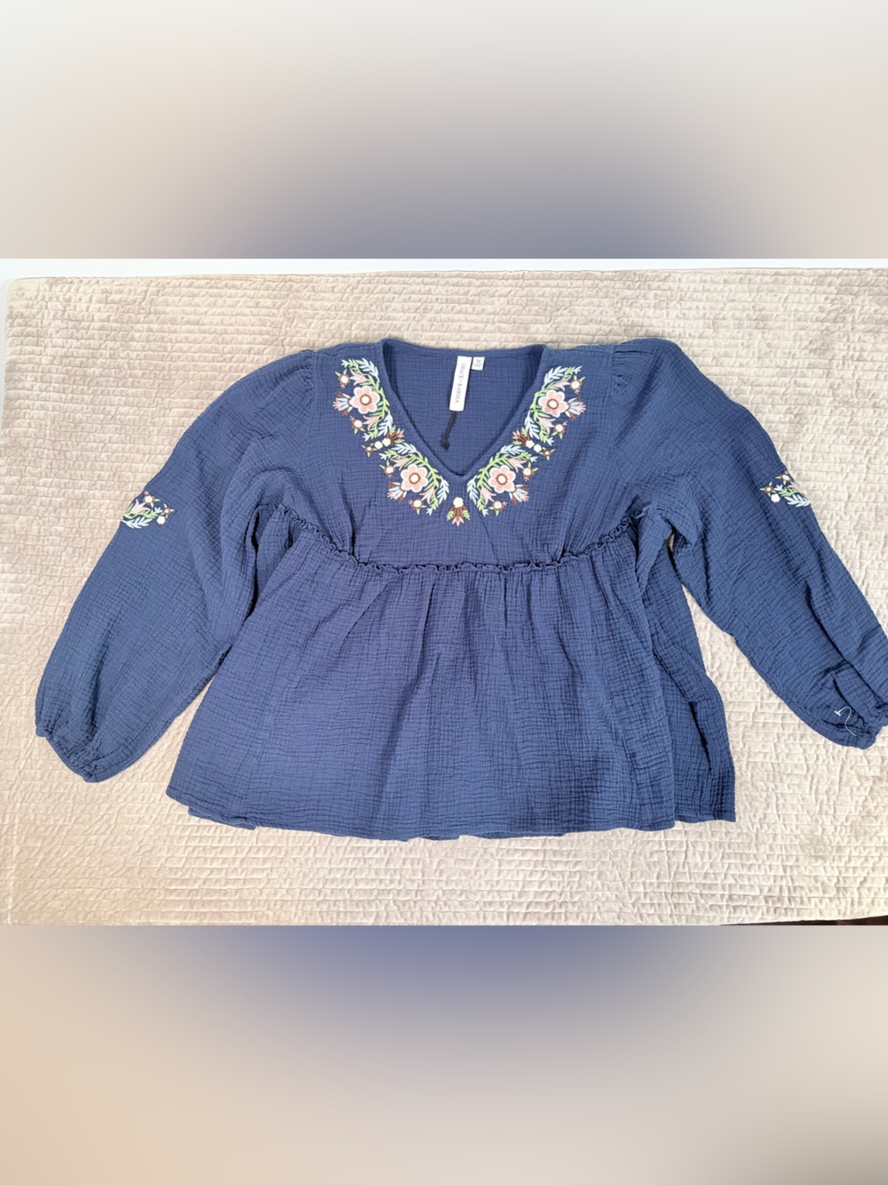 GRACE + KARMA Embroidered Cotton Gauze Peasant Top Women’s 1X New Without Tag